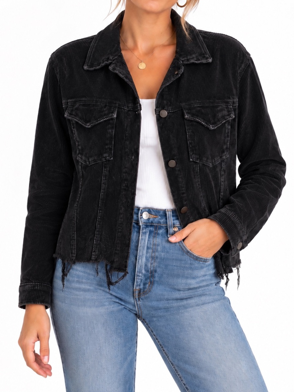 POL Black Cotton Corduroy Distressed Hem Jacket - Size S